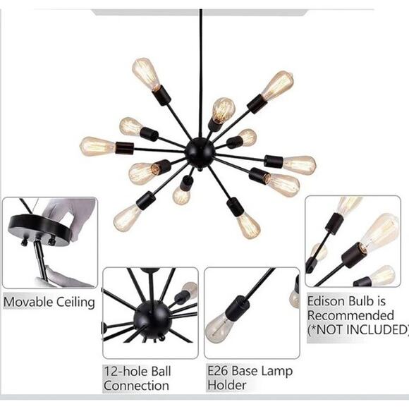Sputnik Chandeliers Black Modern 12-Light Farmhouse‎ Pendant Light Mid Century - Picture 5 of 15